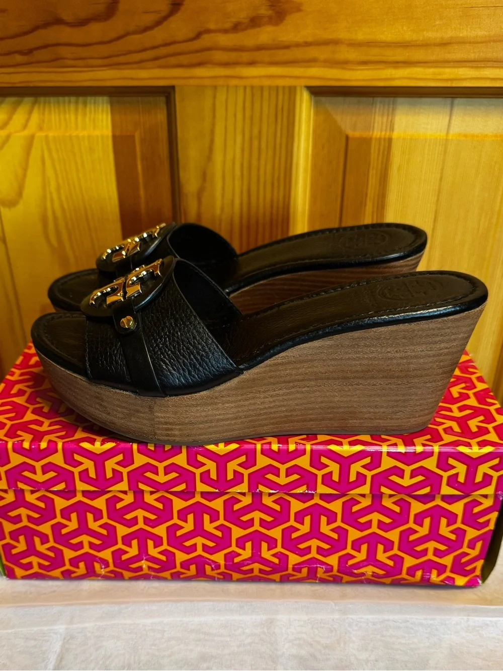 Tory Burch Black Leather Wedge Slide Sandals with Gold Logo